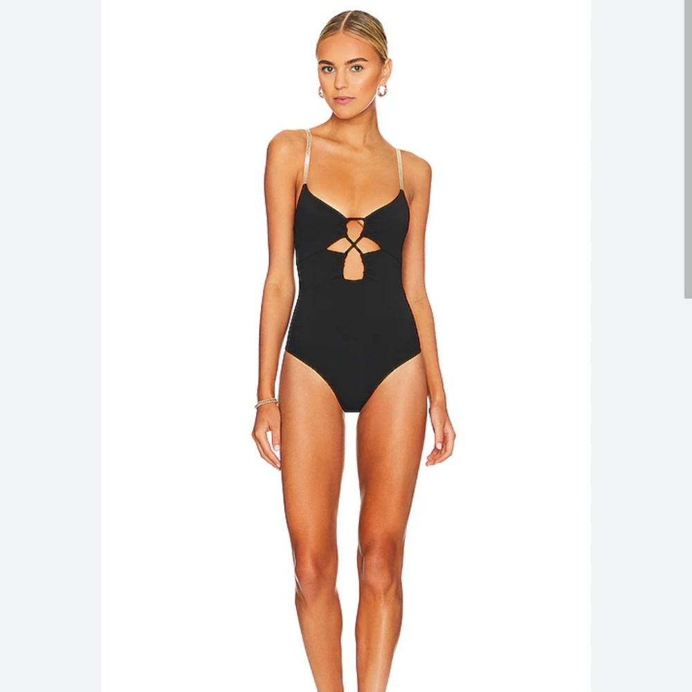Beach Riot Black One-Piece Swim with Center Cutouts and Gold Straps